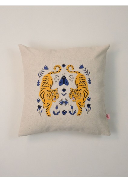 Tiger Charm Kaplan & Nazar Motifli Keten Kırlent Kılıfı 45X45 cm