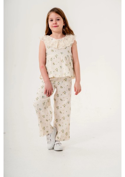 Dantel Yakalı Kız Çocuk Müslin Takım 3831 modelleri