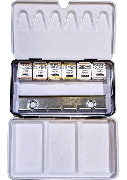 Horadam Aquarell Taş Tablet Sulu Boya Seti Yaldızlı Metalik Renkler Yarım Tablet 6 Renk Metal Kutu