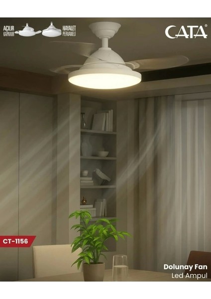 Dolunay Fan Gizli Açılır Hayalet Pervaneli 72W Ledli E-27 Duy A Takılabilen 3 Kanatlı Kumandalı Tavan Vantilatörü fiyatları