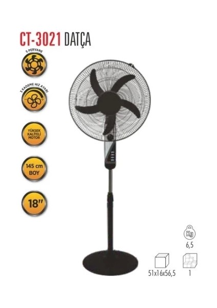 Datça 18" Ayaklı Vantilatör 50W 3 Kademeli Hız Ayarı Otomatik Kapanma