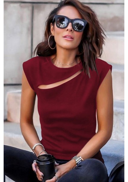 Munn Collection Kadın Sıfır Kol Pencere Detay Viskon T-Shirt