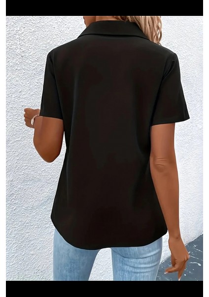 Munn Collection Kadın Kısa Kollu Ceket Yaka Önü Fermuarlı Cep Detay Kısa Kol Ithal Krep Bluz modelleri