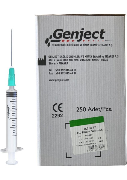 - 2 ml 3parça 21G 0.80X38MM Enjektör - 250 Adet