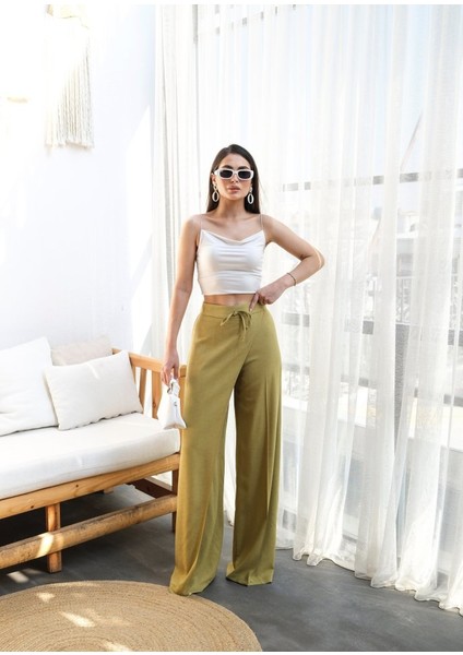 Munn Collection Keten Önü Çapraz Parçali Lasti̇kli̇ ve Bağcikli Geni̇ş Paça Pantolon