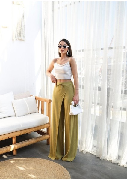 Munn Collection Keten Önü Çapraz Parçali Lasti̇kli̇ ve Bağcikli Geni̇ş Paça Pantolon fırsatları