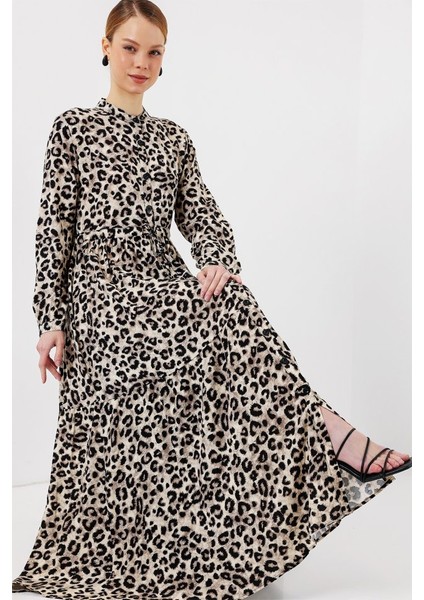 2144 Hakim Yaka Tesettür Elbise - K. Bej