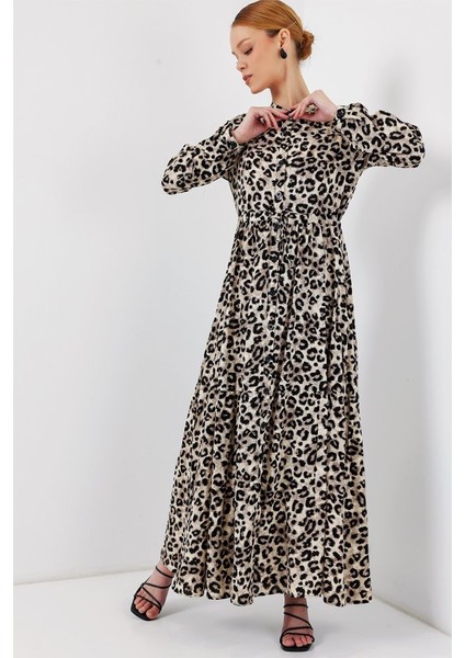 2144 Hakim Yaka Tesettür Elbise - K. Bej fiyatları