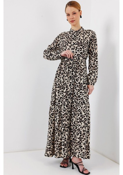 2144 Hakim Yaka Tesettür Elbise - K. Bej fırsatları