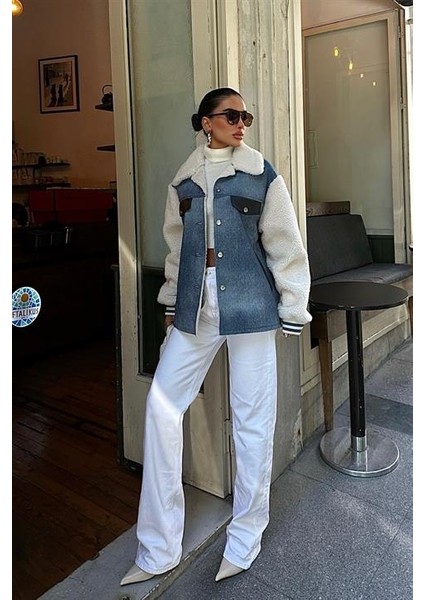 Içi Kürklü ve Deri Garnili Detaylı Standart Kalıplı Uzun Kollu Kot Görünümlü Kadın Ceket Karma Renk fiyatları