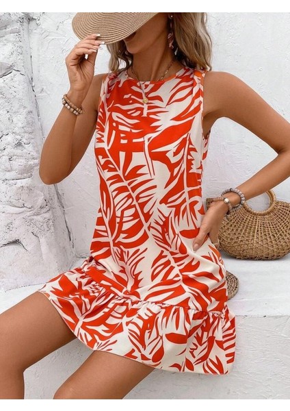 Kadın Sıfır Kollu Bisiklet Yakalı Fırfırlı Desenli Sofya Elbise fırsatları