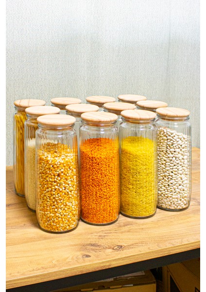 12'li Çizgili Cam Kavanoz Saklama Seti Vakum Kapaklı Büyük Boy Erzak Bakliyat Saklama Seti 1500 ml