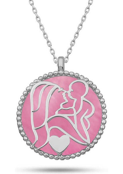 Gümüş Pembe Sedef Taşlı Anne Çocuk Sevgisi Kolye