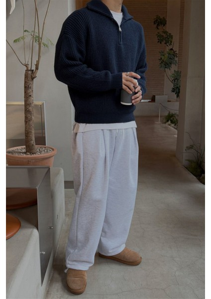 Erkek Lacivert Oversize Fermuarlı Balıkçı Triko Kazak modelleri