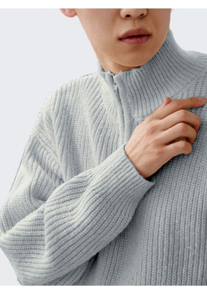 Gri Erkek Oversize Fermuarlı Balıkçı Triko Kazak modelleri
