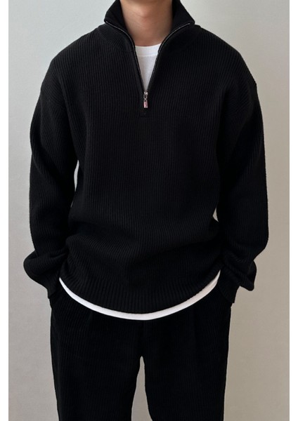 Siyah Erkek Oversize Fermuarlı Balıkçı Triko Kazak