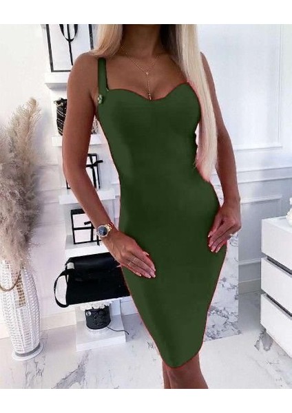 Kadın Dalgıç Kumaş Düğmeli Fermuarlı Askılı Elbise