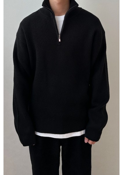 Siyah Erkek Oversize Fermuarlı Balıkçı Triko Kazak modelleri