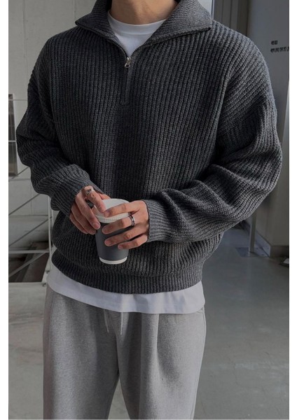 Füme Erkek Oversize Fermuarlı Balıkçı Triko Kazak