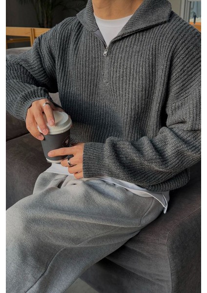 Füme Erkek Oversize Fermuarlı Balıkçı Triko Kazak fiyatları