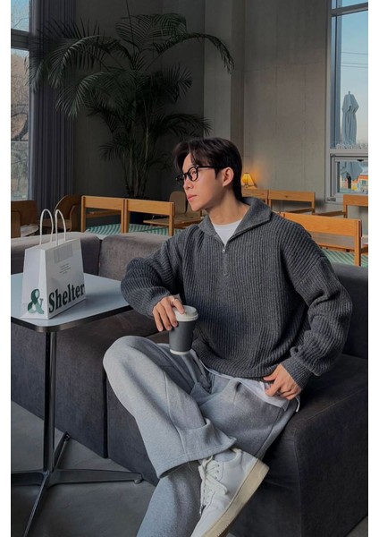 Füme Erkek Oversize Fermuarlı Balıkçı Triko Kazak modelleri