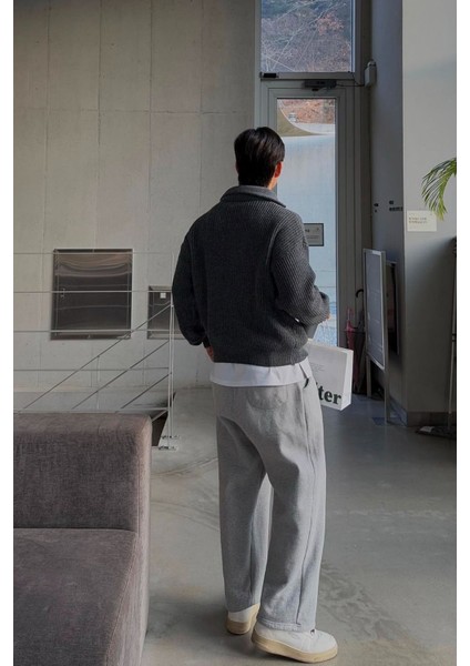 Füme Erkek Oversize Fermuarlı Balıkçı Triko Kazak fırsatları