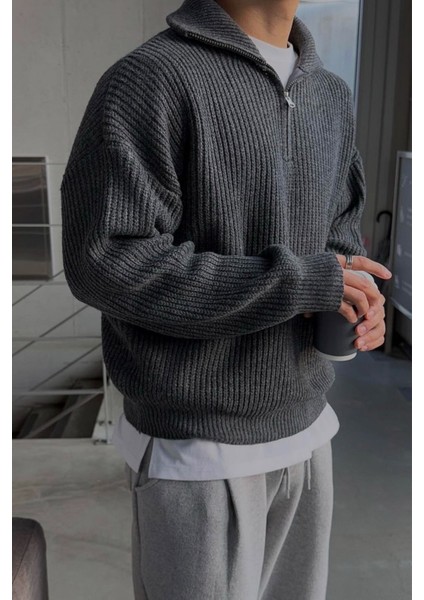 Füme Erkek Oversize Fermuarlı Balıkçı Triko Kazak indirimleri