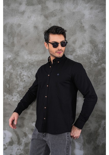 Riera Spain %100 Pamuk Erkek Gömlek Siyah Düğmeli - Xl