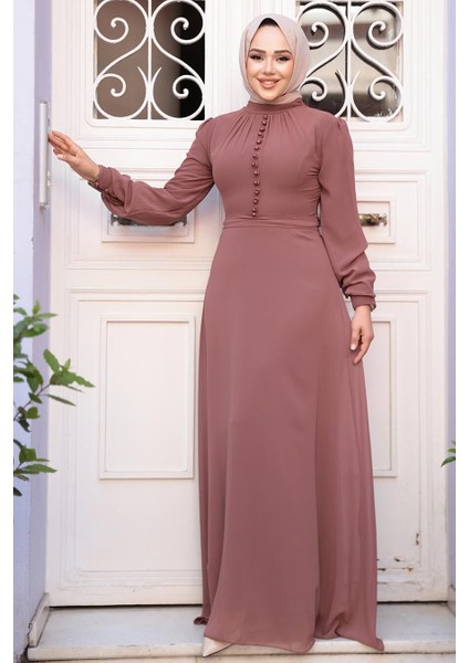 Düğme Detaylı Çikolata Tesettür Elbise 2703CK fiyatları