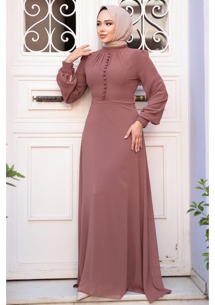 Düğme Detaylı Çikolata Tesettür Elbise 2703CK modelleri