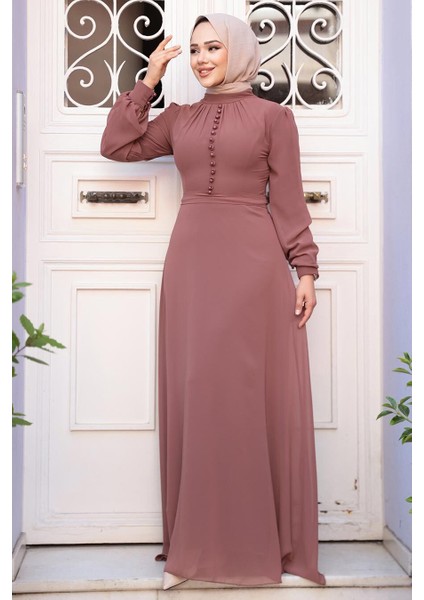 Düğme Detaylı Çikolata Tesettür Elbise 2703CK