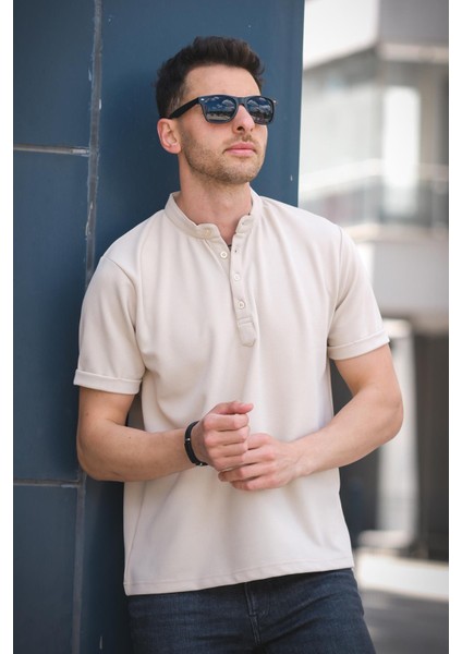 Cole Slim Fit Esnek Likralı Yarım Düğmeli Kısa Kol Hakim Yaka Erkek Gömlek