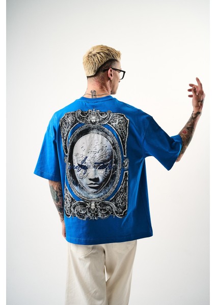 Erkek Indefinite Baskılı Oversize T-Shirt Mavi