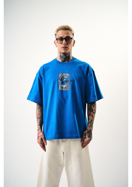 Erkek Indefinite Baskılı Oversize T-Shirt Mavi fiyatları