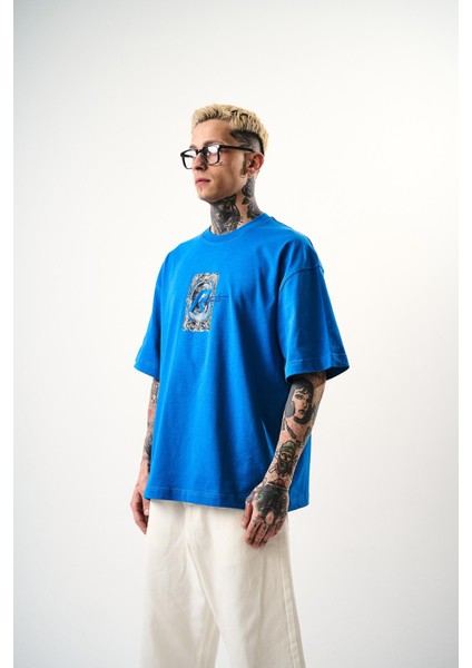 Erkek Indefinite Baskılı Oversize T-Shirt Mavi modelleri