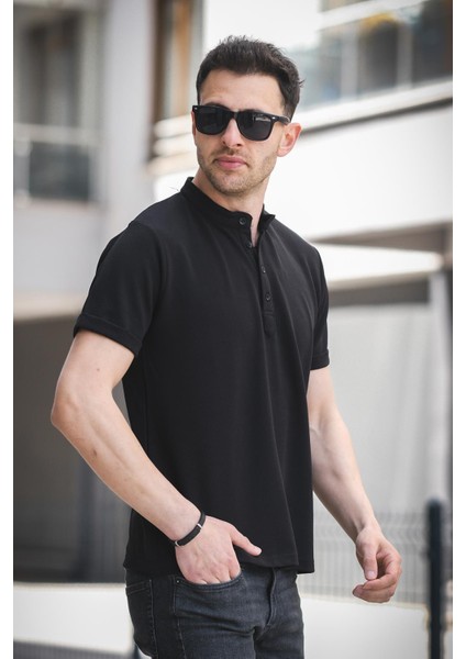 Cole Slim Fit Esnek Likralı Yarım Düğmeli Kısa Kol Hakim Yaka Erkek Gömlek