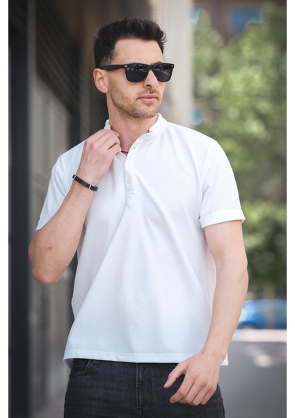 Cole Slim Fit Esnek Likralı Yarım Düğmeli Kısa Kol Hakim Yaka Erkek Gömlek