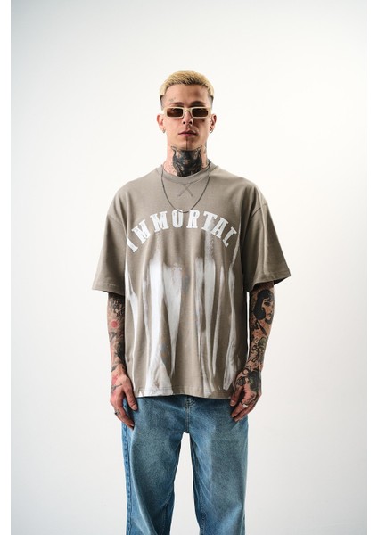 Erkek Immortal Baskılı Oversize T-Shirt Gri