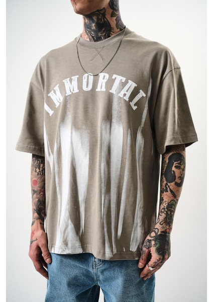 Erkek Immortal Baskılı Oversize T-Shirt Gri fırsatları