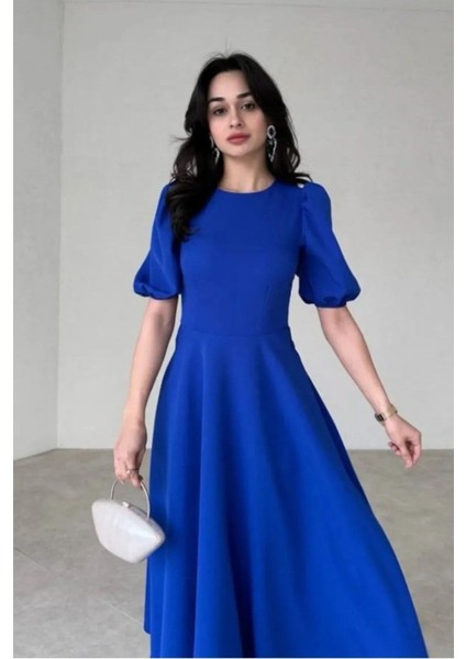 Kadın Kısa Balon Kollu Bisiklet Yaka Geniş Kesim Janjan Krep Elbise modelleri