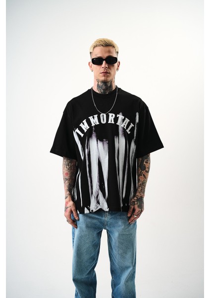 Erkek Immortal Baskılı Oversize T-Shirt Siyah