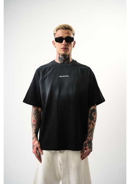 Erkek Res Studio Yazılı Oversize T-Shirt Siyah