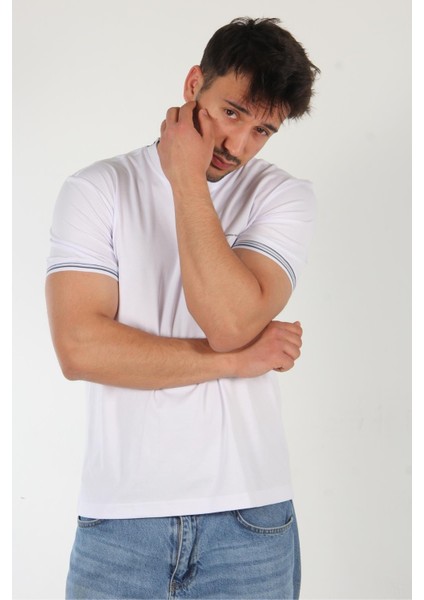 4546 Kagi Kol Yaka Şeritli O Yaka T-Shirt