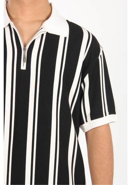 6313 Yakası Fermuarlı Çizgili T-Shirt