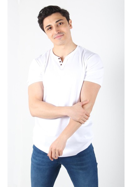2122 Üç Düğme Hakim Yaka Ribana Modern Fit T-shirt