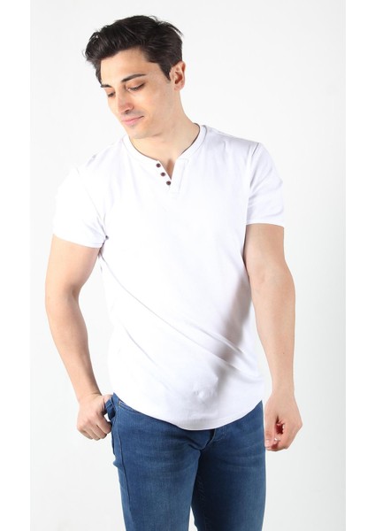 2122 Üç Düğme Hakim Yaka Ribana Modern Fit T-shirt
