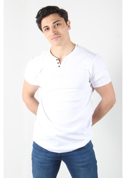 2122 Üç Düğme Hakim Yaka Ribana Modern Fit T-shirt