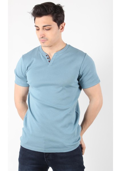 2122 Üç Düğme Hakim Yaka Ribana Modern Fit T-shirt