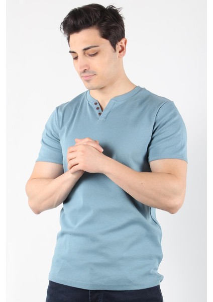 2122 Üç Düğme Hakim Yaka Ribana Modern Fit T-shirt