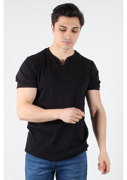 2122 Üç Düğme Hakim Yaka Ribana Modern Fit T-shirt
